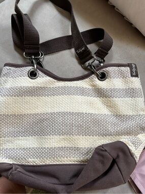 thirty-one Brown and Cream Striped Tote with Grommet Accents